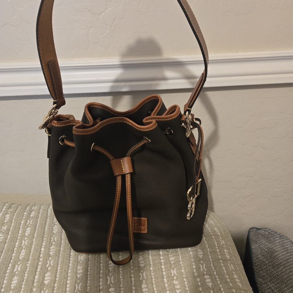 Dooney & Bourke Dark Brown Pebbled Drawstring Bucket Bag with Tan Trim